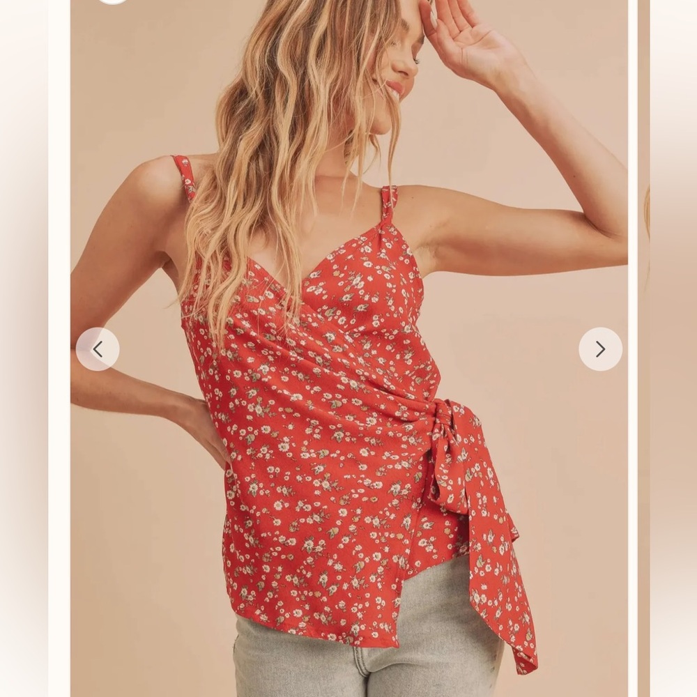 Red Floral Wrap Top